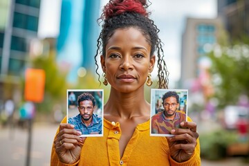 A woman holding two photos of herself and a man