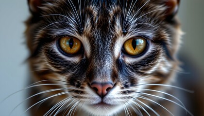 the photograph presents a tightly cropped, head on view of a feline, the main subject is the face, the fur is predominantly black