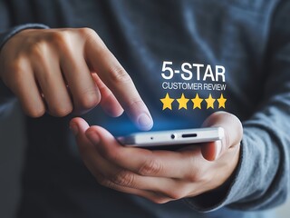 Person interacting with smartphone displaying five star customer review hand finger