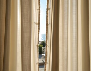 the image shows a pair of curtains partially drawn, revealing a bright outdoor scene, the curtains are a light color, with variations in tone suggesting texture and depth