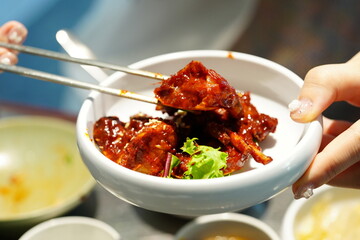 Korean BBQ with Raw Beef Short Ribs Grilled on Charcoal at Local Galbi Restaurant