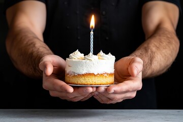 A person holding a birthday cake with a lit candle in their hands