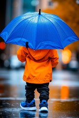 A little boy in an orange jacket holding a blue umbrella in the rain