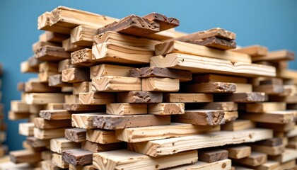 the image showcases a stack of lumber, the primary subject, arranged in a seemingly haphazard, yet organized manner, the pieces, of varying lengths, interlock and overlap