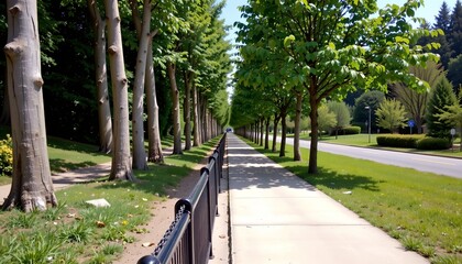 the photograph presents a long, straight concrete walkway, flanked by distinct types of trees on either side, on the left, tall, slender trees stand close together