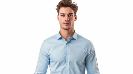 Use this template to replace your outfit in passport photos or other documents. It features a light blue shirt isolated on a white background.