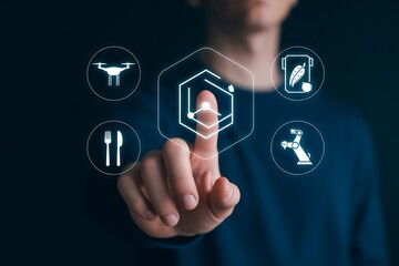Person touching futuristic interface with icons for drone food and robotics technology future