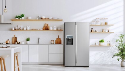 Modern refrigerator standing in a bright minimalist kitchen