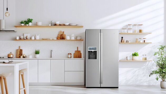 Modern refrigerator standing in a bright minimalist kitchen