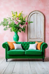 A green couch sitting next to a vase of flowers on a table