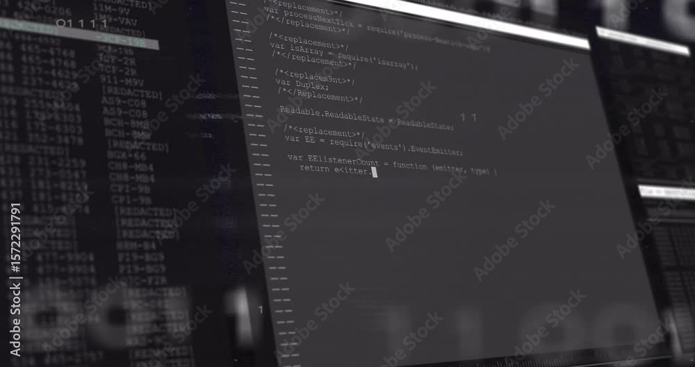 Poster dark panel sliding in, filling code while binary overlay drifting visualizing digital workspace