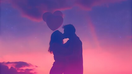 Romantic Silhouette of a Couple Kissing Against a Dreamy Heart-Filled Sunset Sky