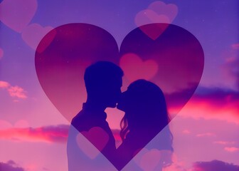 Romantic Silhouette of a Couple Kissing Against a Dreamy Heart-Filled Sunset Sky