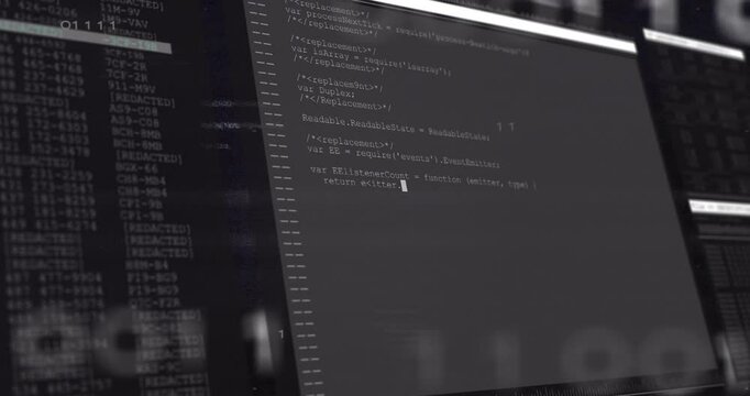 Dark panel sliding in, filling code while binary overlay drifting visualizing digital workspace