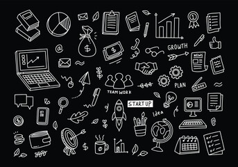 Set of vector doodle element related to business plan, start up, growth, idea. Vector illustration with black background