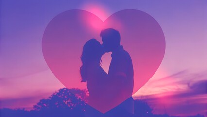 Romantic Silhouette of a Couple Kissing Against a Dreamy Heart-Filled Sunset Sky