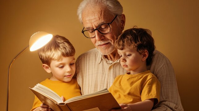 Grandfather reading a book to grandchildren under warm lamp light