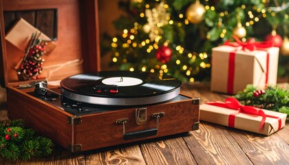 Vintage record player near Christmas tree and gifts