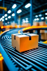 A cardboard box on a conveyor belt in a warehouse