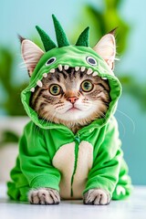 A cat wearing a green dragon costume sitting on a table