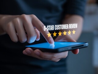 Person touching smartphone screen displaying five star customer review hand digital