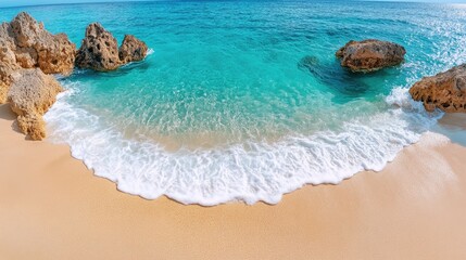 Quiet beach with gentle waves, soft sand, clear turquoise water, and soothing sounds of waves meeting the shore.