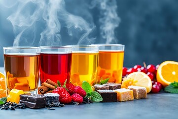 A group of three glasses of tea with different types of sweets and fruits