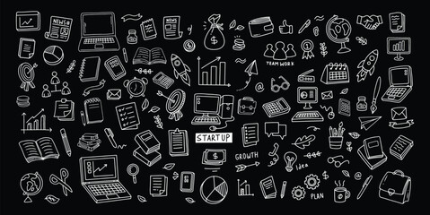 Set of vector doodle element related to business plan, start up, growth, idea. Vector illustration with black background