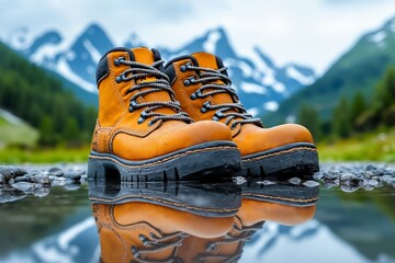 A pair of yellow hiking boots sitting on top of a puddle of water