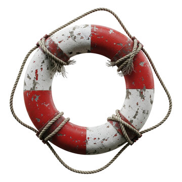 An aged and weathered red and white lifebuoy with worn ropes, perfect for maritime, rescue, or vintage nautical themes and safety concepts.