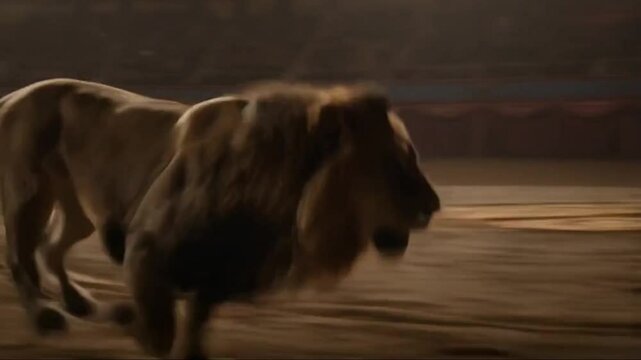 A powerful lion leaps gracefully through a flaming hoop mid-air, firelight reflecting off its fur. The camera pulls back in a smooth dolly motion, then shifts to a dynamic tracking shot as the lion la