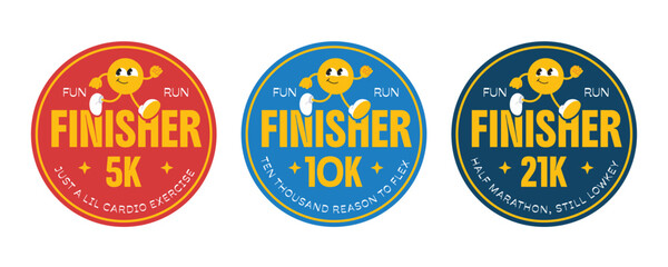 Fun run marathon 5k, 10k, 21k finisher medals stickers, badges, patchs in flat design style.