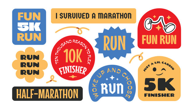 Fun run marathon event stickers, patch, badges. Groovy running logos with quote.