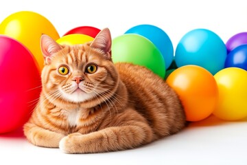 A cat laying in front of a pile of colorful easter eggs