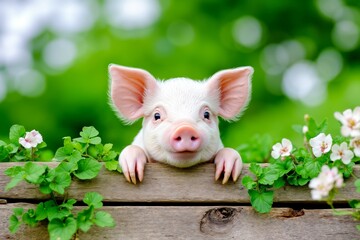 A small pig peeking over a wooden fence with flowers in the background