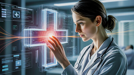 Futuristic Medical Tech Concept Healthcare Worker Touching Digital Network with Medical Cross Interface