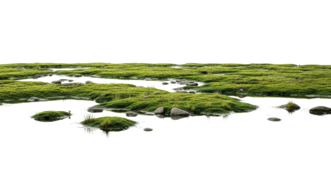 Lush green grass clumps and smooth rocks emerge from shallow water, creating a natural marsh or wetland scene. Ideal for digital compositions and environmental themes.