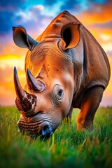 A rhino standing in a grassy field with a sunset in the background