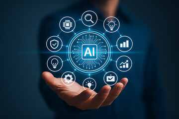 AI generated image showing a human hand projecting a glowing AI interface surrounded by futuristic icons representing technology security communication and intelligence