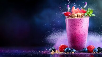 Berry Blast Smoothie - Refreshing berry smoothie with granola topping, perfect for a healthy and delicious treat. Vibrant colors and dynamic splash effect