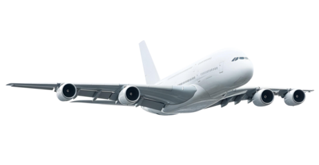Low Angle Front Perspective of White Airplane Airbus A380 Double Decker Aircraft in Takeoff Climb with Four Powerful Jet Engines and Full-Length Cabin Isolated on a Transparent Background
