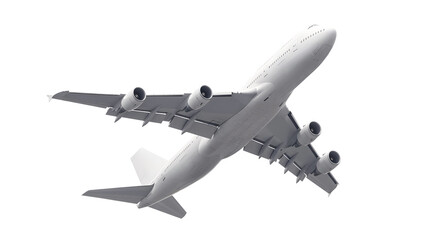 Fototapeta premium White Airplane Boeing 747 Passenger Jet Low Angle Showing Four Turbofan Engines and Aerodynamic Details in Climbing Flight Isolated on a Transparent Background