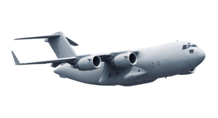 Military Transport Aircraft Side View Low Angle View of with Four Jet Engines and High-Wing Design for Tactical Airlift and Strategic Deployment Missions Isolated on a Transparent Background