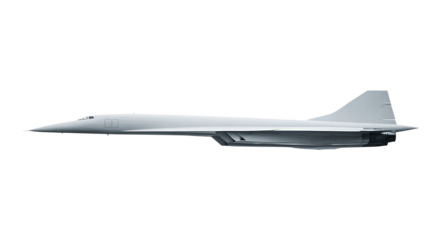 Supersonic Jet Airliner Side View of White Airplane with Delta Wing Configuration and Ultra-Streamlined Fuselage for High-Speed Transcontinental Flights Isolated on a Transparent Background