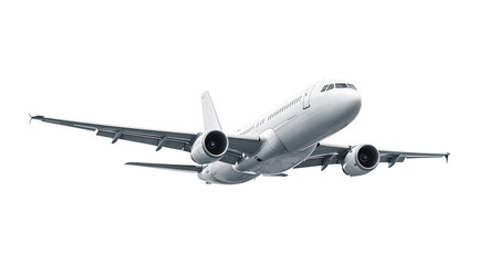 Obraz premium White Airplane Commercial Jet Airliner Front Low Angle View in Climb with Two Engines and Sleek Fuselage Design for Medium-Range Passenger Travel Isolated on a Transparent Background