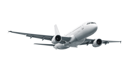 White Airplane Commercial Jet Airliner Front Low Angle View in Climb with Two Engines and Sleek Fuselage Design for Medium-Range Passenger Travel Isolated on a Transparent Background