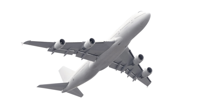White Airplane Boeing 747 Passenger Jet Low Angle Showing Four Turbofan Engines and Aerodynamic Details in Climbing Flight Isolated on a Transparent Background