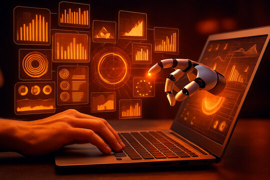 AI generated realistic digital artwork showing human hand and robotic hand collaborating through futuristic interface with holographic data panels emerging from laptop screen in high tech environment - Powered by Adobe