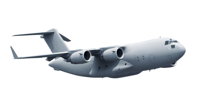 Military Transport Aircraft Side View Low Angle View of with Four Jet Engines and High-Wing Design for Tactical Airlift and Strategic Deployment Missions Isolated on a Transparent Background