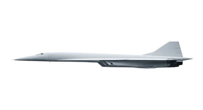 Supersonic Jet Airliner Side View of White Airplane with Delta Wing Configuration and Ultra-Streamlined Fuselage for High-Speed Transcontinental Flights Isolated on a Transparent Background